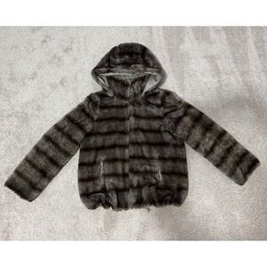 Brown Striped Faux Fur Hooded Jacket Full Zip Plush Coat with Pockets Mens Large